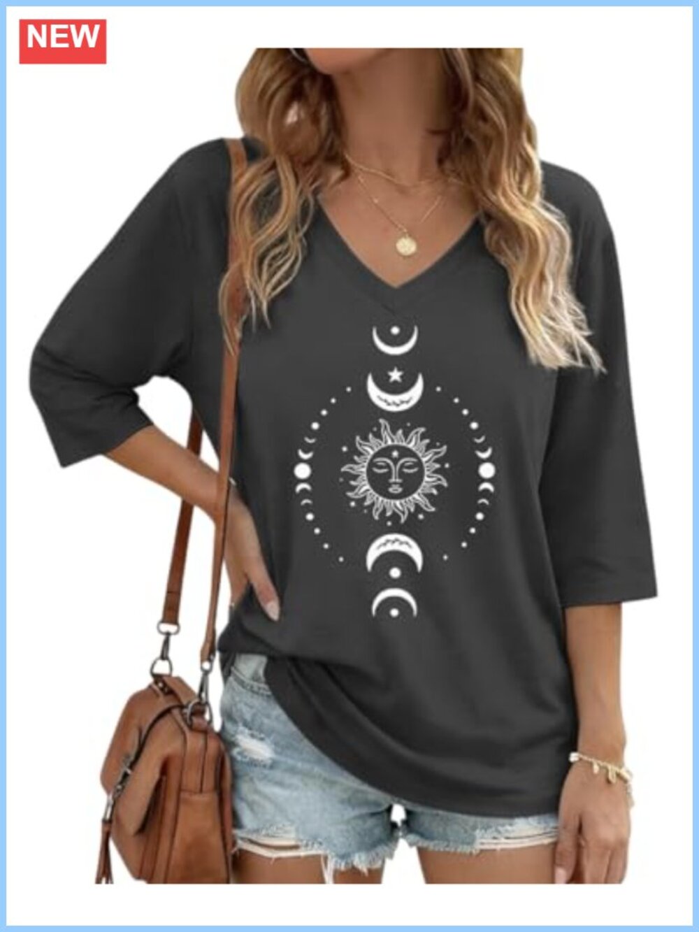 Women's Half Sleeve Graphic Tee Boho Moon Sun V-Neck Casual Loose Fit Top